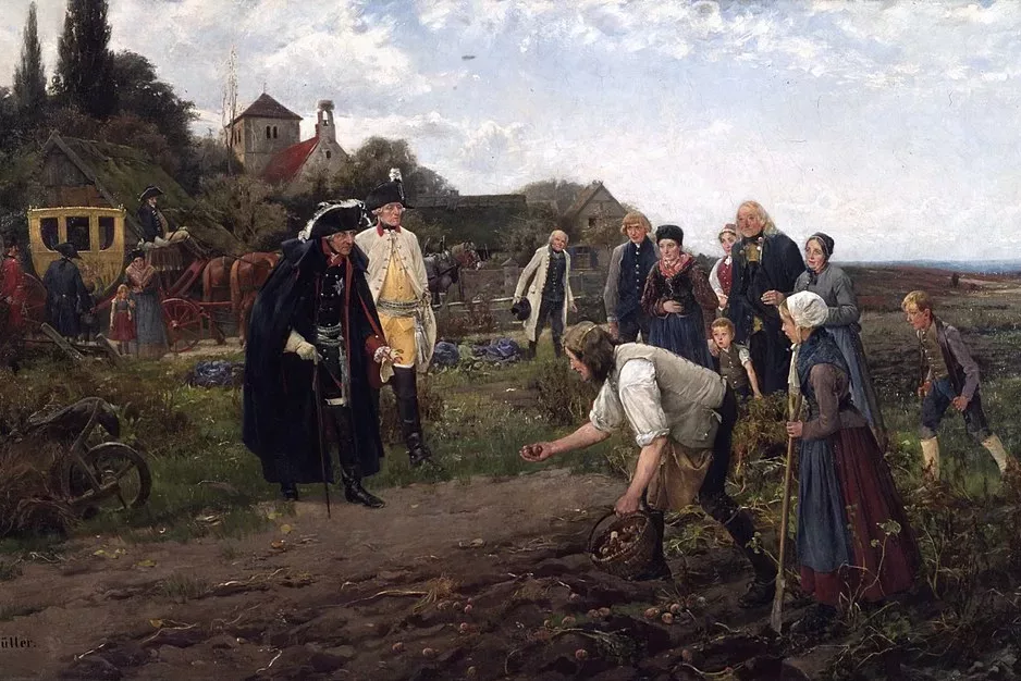 Robert Müller, el rey Federico II de Prusia en un recorrido por los campos de patatas, óleo sobre lienzo, 1886.